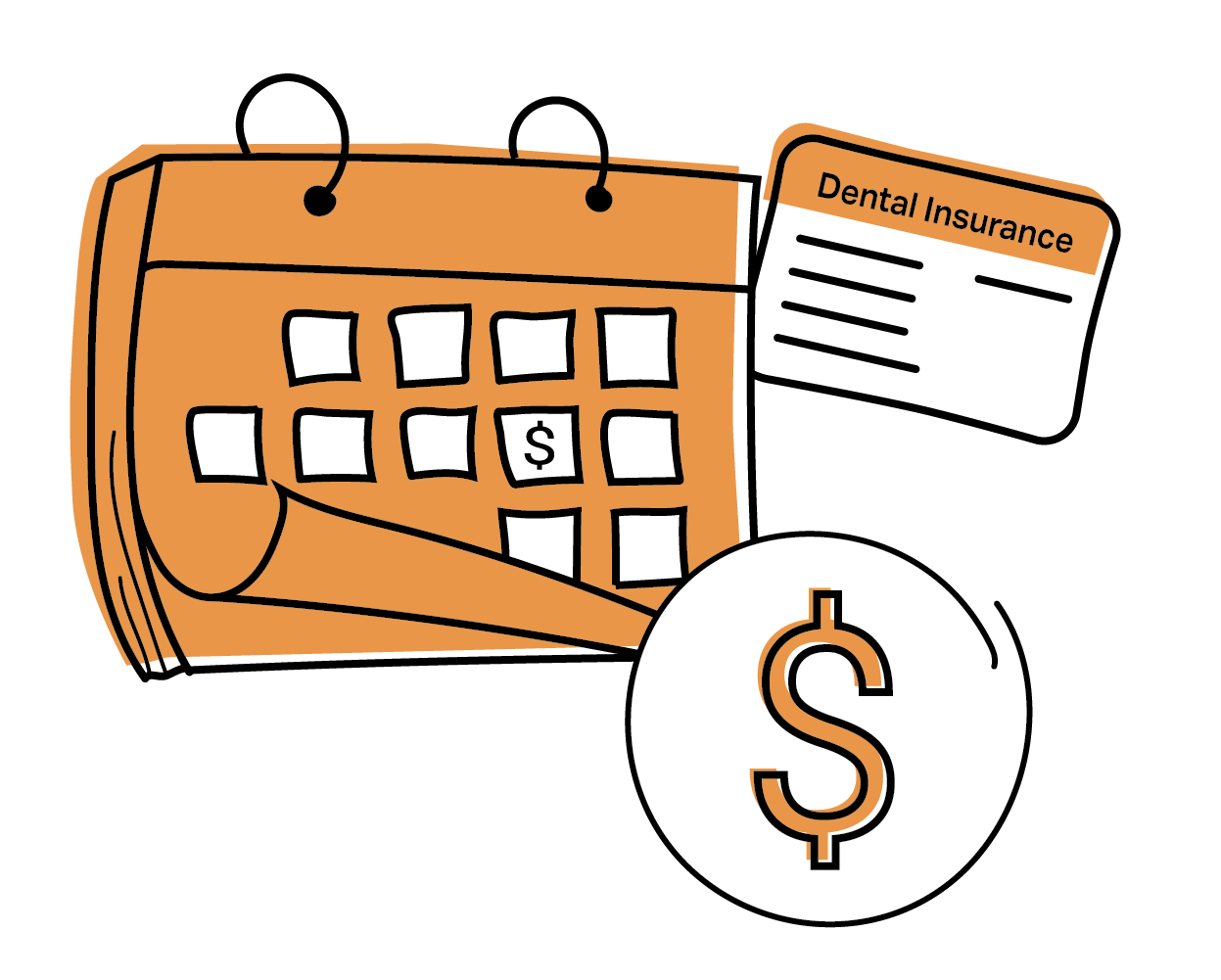 Illusration of a dental payment schedule, insurance card, and dollar sign symbol