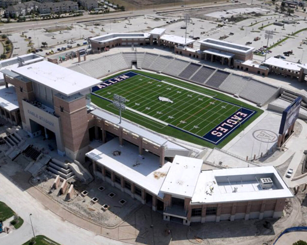Aerial view of Eagle Stadium in Allen TX, home of the Allen Eagles, with football field and stands