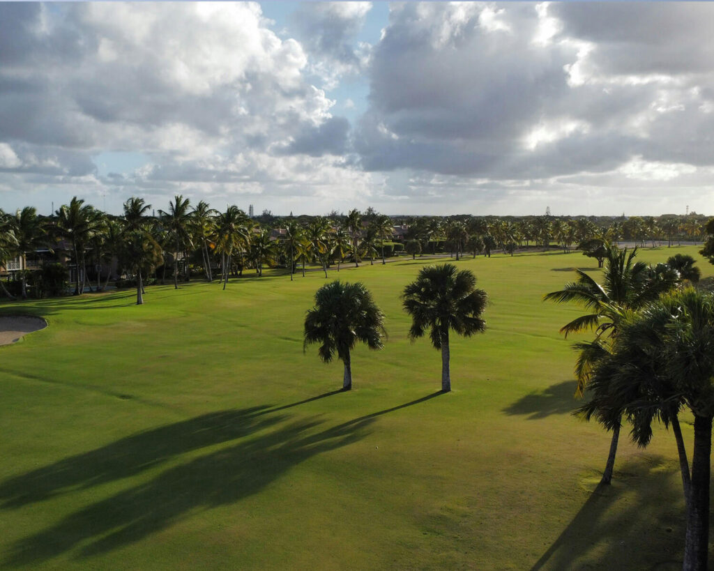 Palm trees and green fairways at golf course in Aventura, Florida under partly cloudy skies