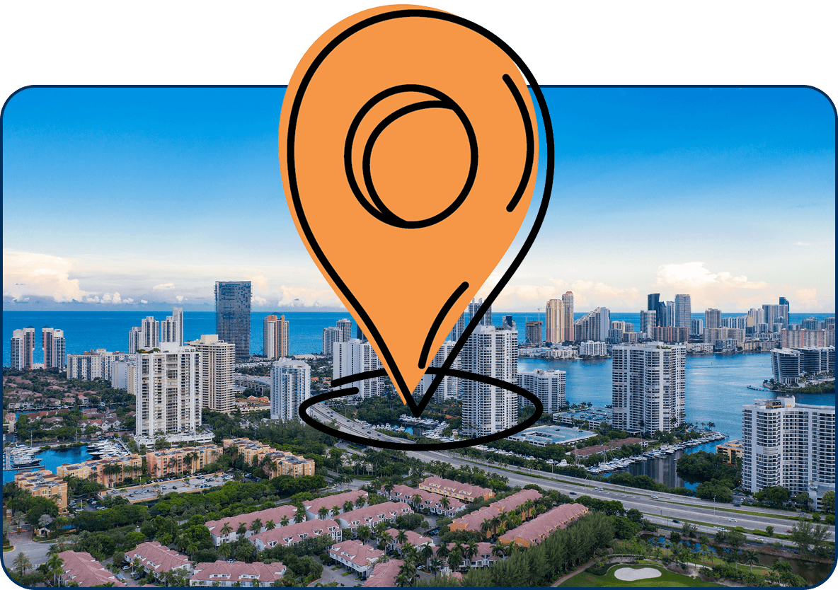 Large location pin icon on aerial view of Aventura, Florida with high-rise condos, waterways, and the Atlantic Ocean in the distance