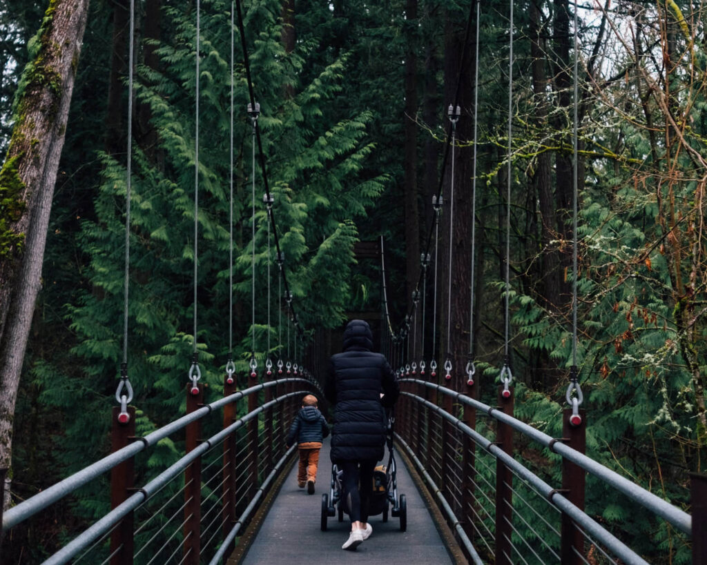 Person pushing stroller across forest bridge at Bellevue Botanical Garden in Bellevue, Washington