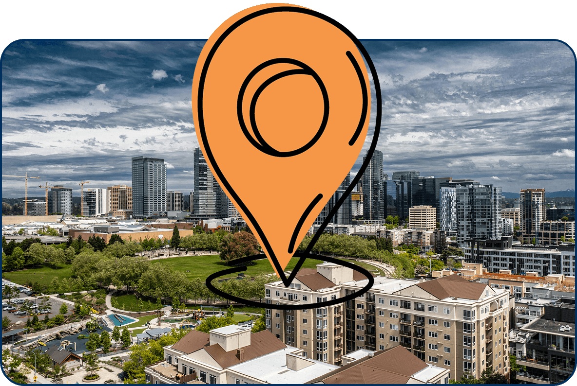 Large location pin icon on aerial view of downtown Bellevue, Washington with parks, modern high-rises, and city skyline