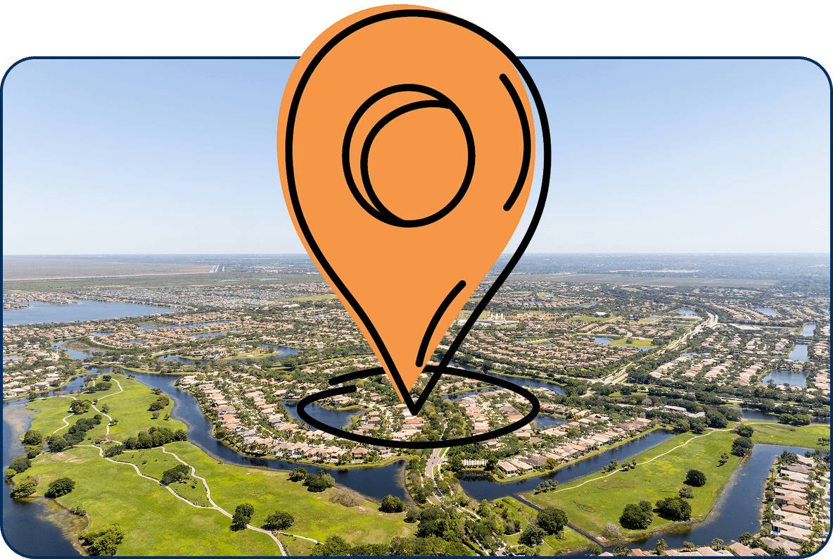 Large location pin icon over aerial view of Coral Springs FL neighborhoods, lakes, and parks