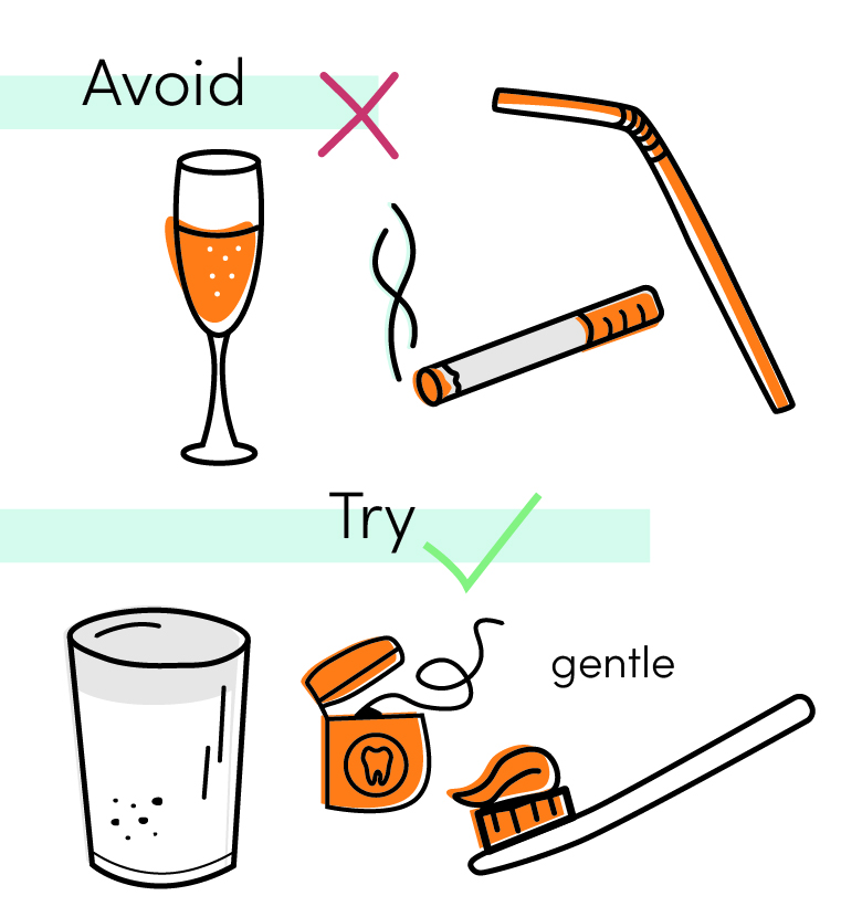 Post-extraction tips: avoid alcohol, smoking, and straws; try saltwater rinses, gentle brushing, and flossing