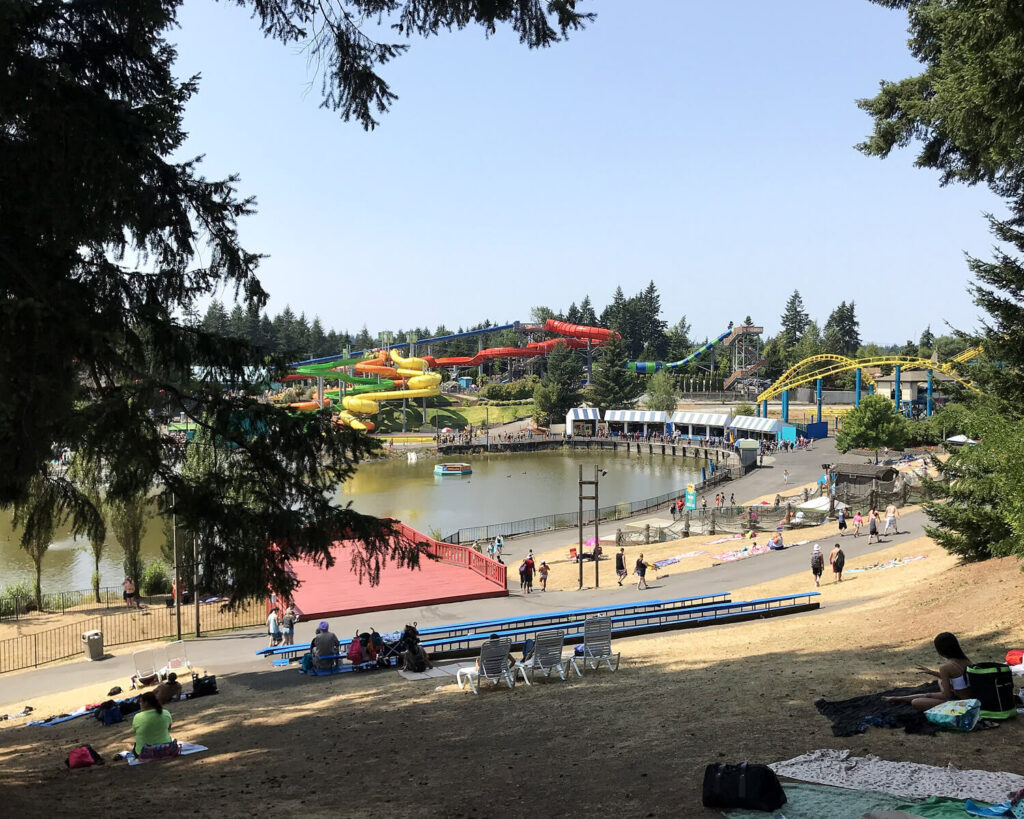 People enjoying water slides and attractions at Wild Waves Theme and Water Park in Federal Way, Washington
