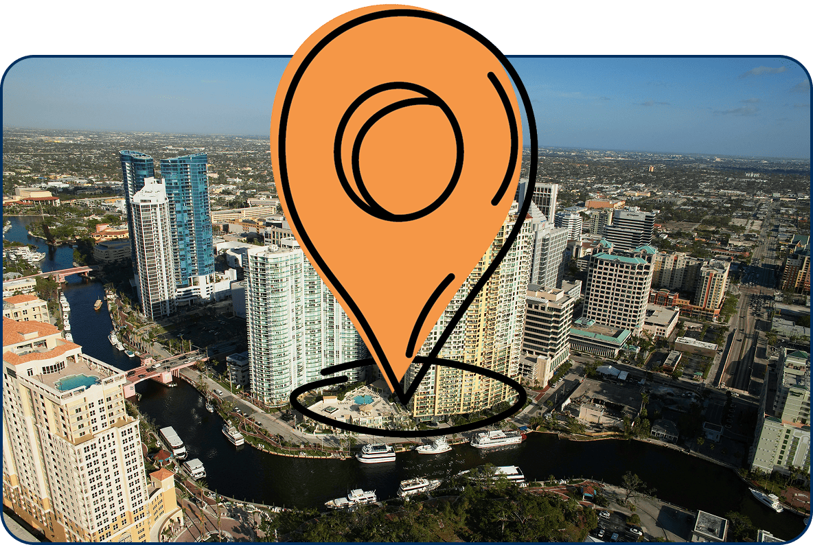 Large location pin icon over aerial view of downtown Fort Lauderdale FL with high-rise buildings and riverfront