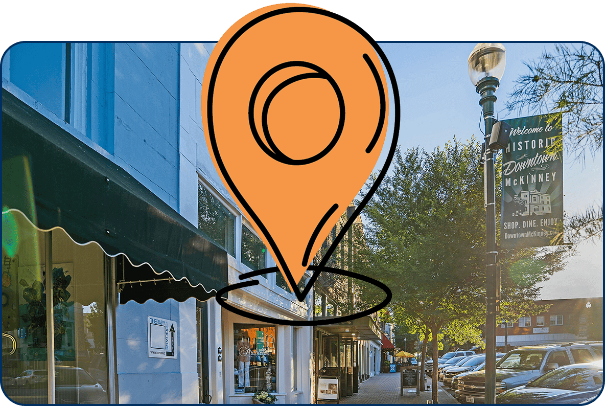 Large location pin icon over Historic Downtown McKinney TX street with shops, trees, cars, and welcome sign