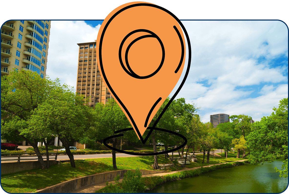 Large location pin icon over aerial view of Oak Lawn Dallas TX with Turtle Creek, trees, and modern high-rise buildings