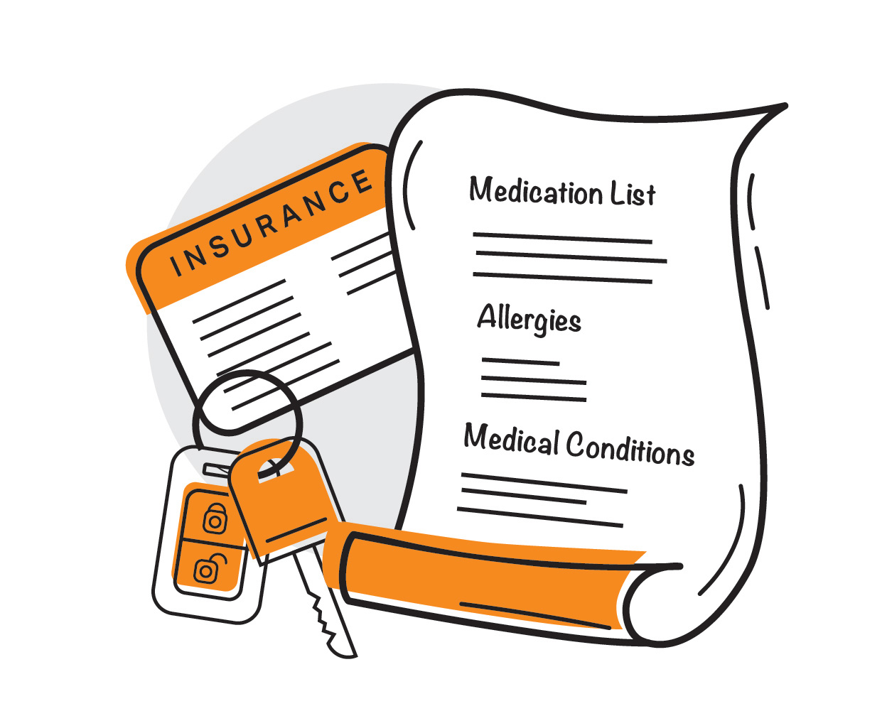 Insurance card, medication list, allergies, and medical history prepared for an emergency oral surgery visit
