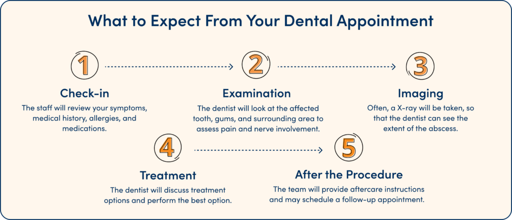 Dental appointment timeline infographic showing check-in, examination, imaging, treatment, and aftercare steps