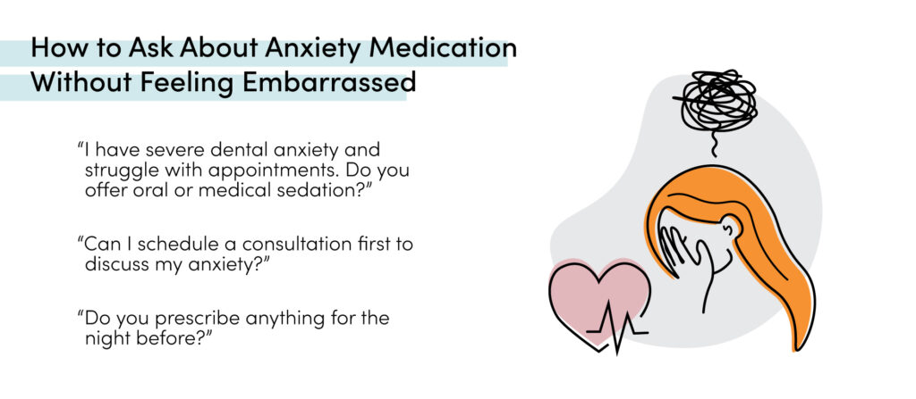 Graphic explaining how to ask a dentist about anxiety medication and dental sedation options for anxious patients