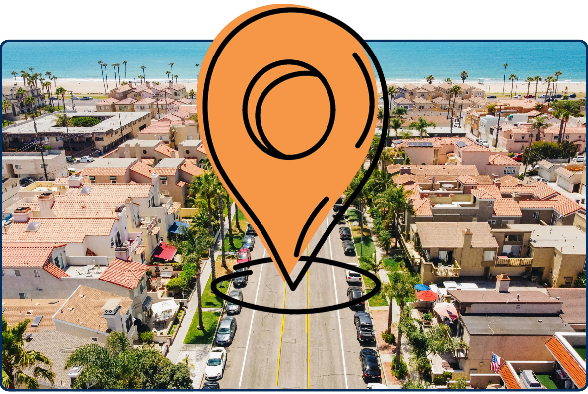 Large location pin icon over aerial view of a Huntington Beach coastal neighborhood with homes near the ocean