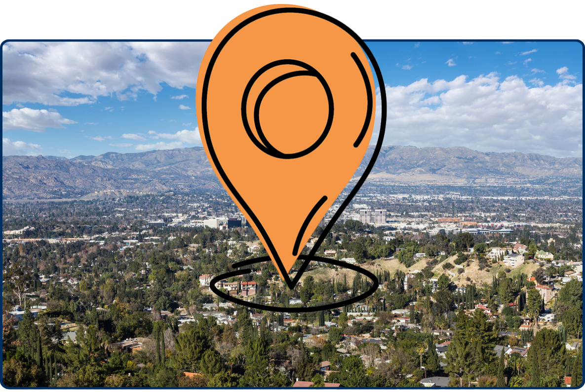 Large location pin icon over aerial view of Woodland Hills, California, highlighting the neighborhood in the San Fernando Valley