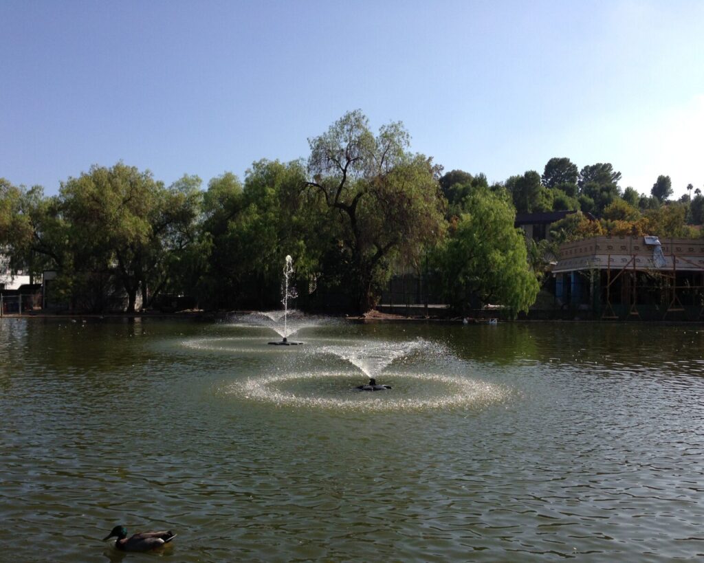 Encino Los Angeles park pond with fountains, trees, and calm water landscape in sunny outdoor setting