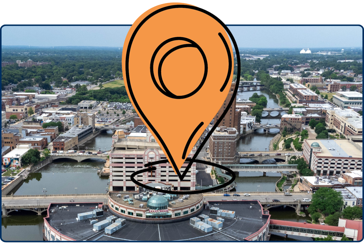 Aerial skyline of Aurora Illinois with river bridges downtown buildings and circular riverfront structure