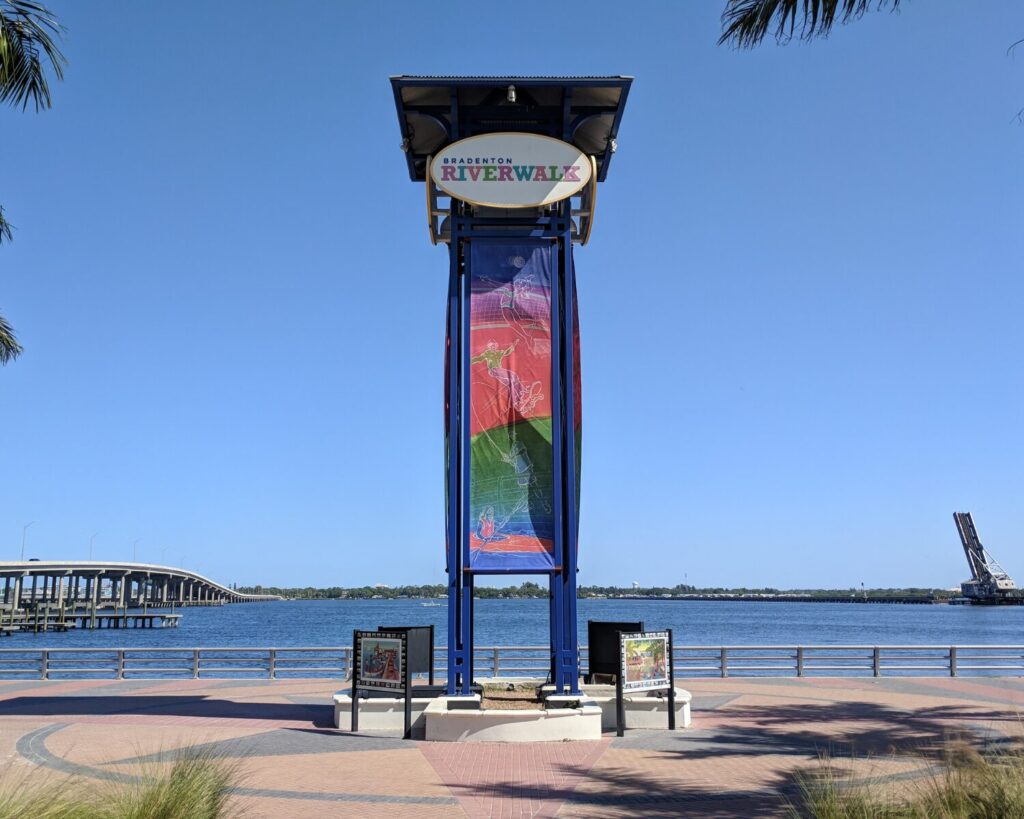 Bradenton Riverwalk Tower Plaza Florida waterfront landmark tower promenade river view bridge blue sky scenic USA