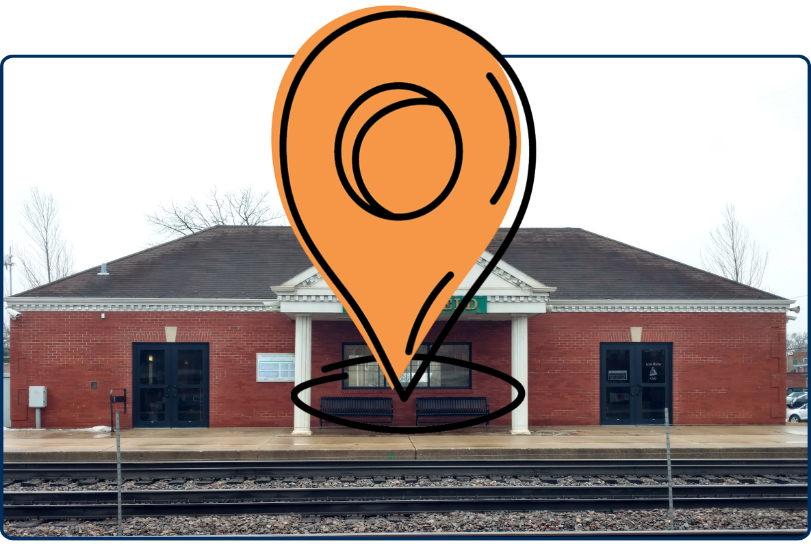 Brookfield train station Illinois red brick building railway tracks platform suburban transit architecture USA