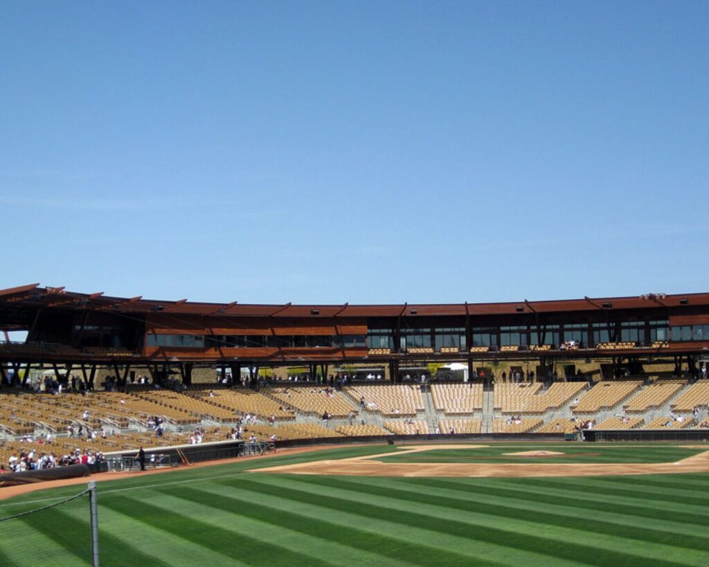 Camelback Ranch baseball stadium in Glendale Arizona with field, grandstands and spring training complex
