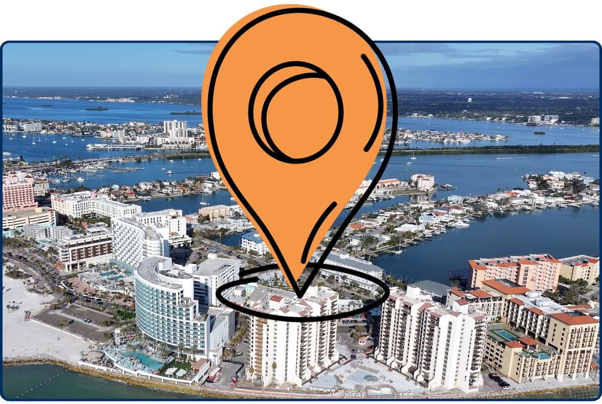 Clearwater Florida skyline aerial view with beach coastline ocean waterfront buildings islands cityscape United States coastal landscape
