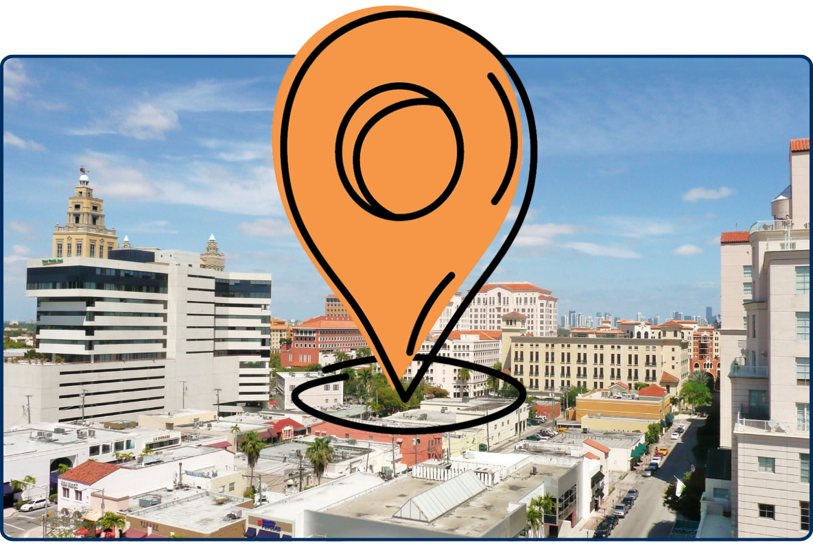 Coral Gables skyline in Florida with modern buildings residential areas and city streets under clear blue sky urban view