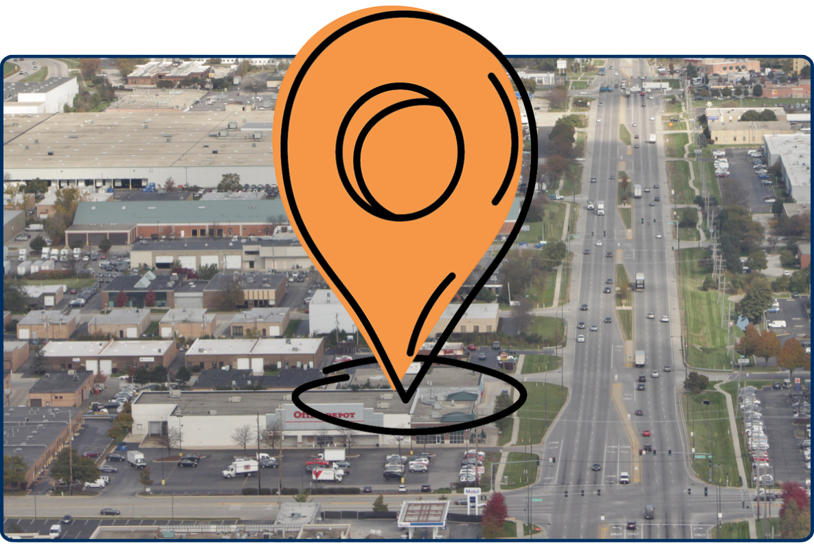 Aerial view of Busse Road near O Hare International Airport Illinois showing highway traffic buildings and urban layout