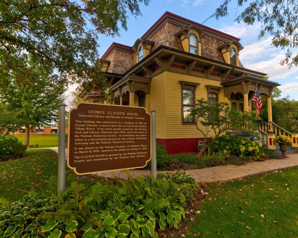 George Clayson House historic Victorian building Palatine Illinois with garden trees heritage landmark suburban USA architecture