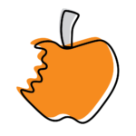 Cartoon orange apple with a bite taken from the left side, heavy black outline and gray stem