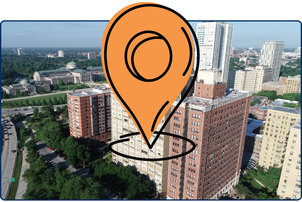 Hyde Park neighborhood Chicago aerial view with residential buildings green park area and urban skyline Illinois USA