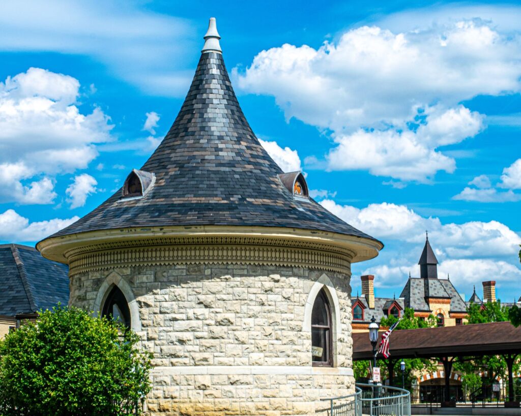 Historic Riverside Illinois district view from water tower building with stone architecture blue sky and clouds