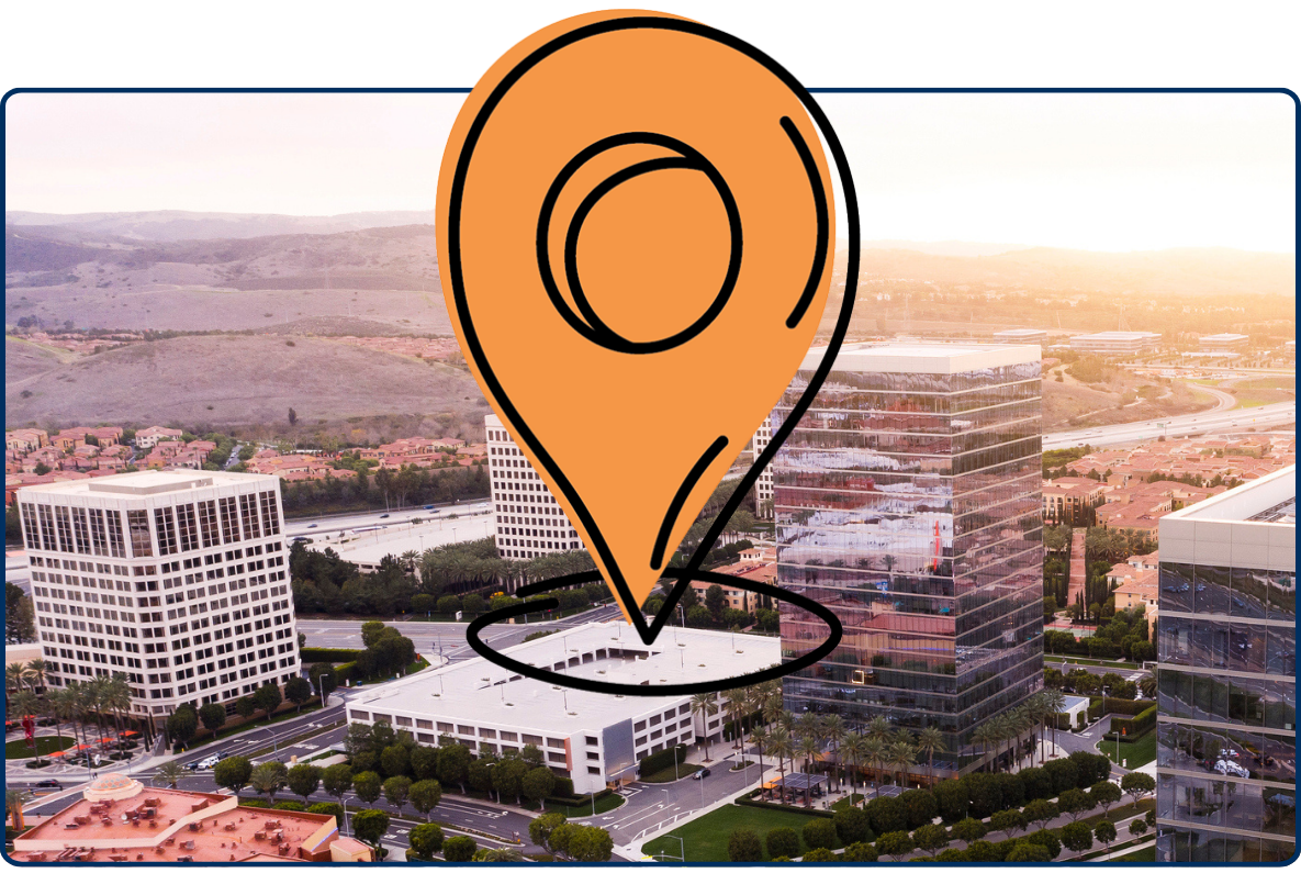 Aerial sunset view of downtown Irvine California skyline with office buildings roads and residential area