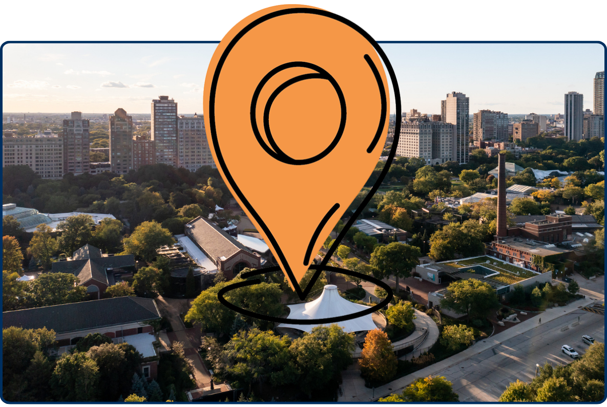 Aerial view of Lincoln Park Chicago with zoo greenery skyline buildings and sunny blue sky cityscape