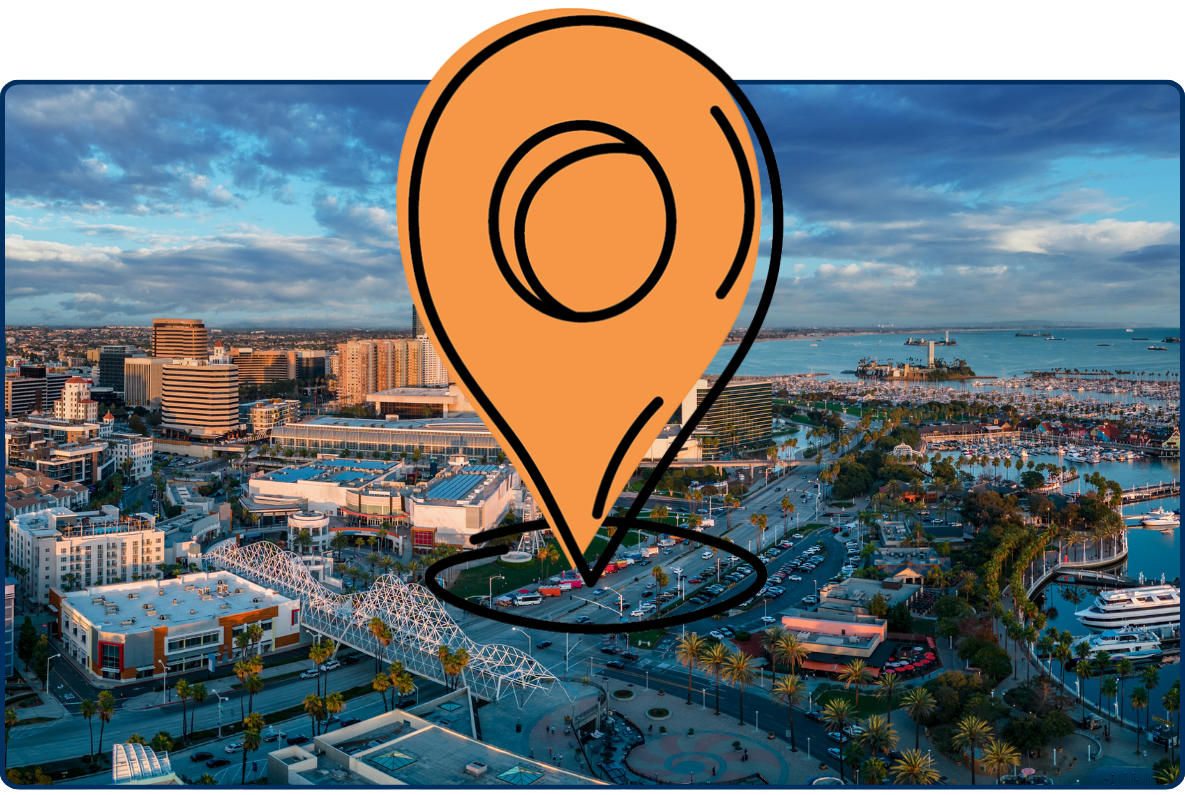 Panoramic view of downtown Long Beach California with waterfront marina buildings and cloudy sunset sky