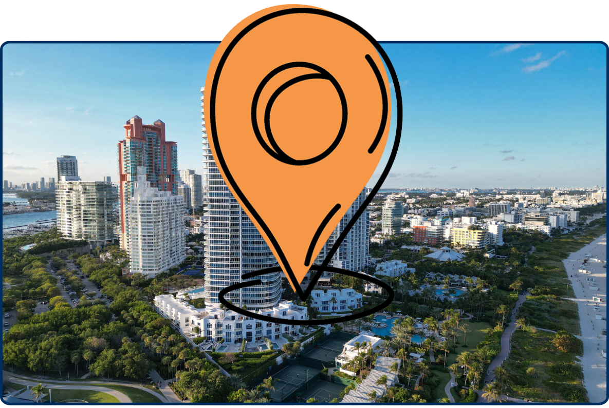 Aerial view of South Miami Beach skyline with high rise buildings coastline ocean and palm trees in Florida