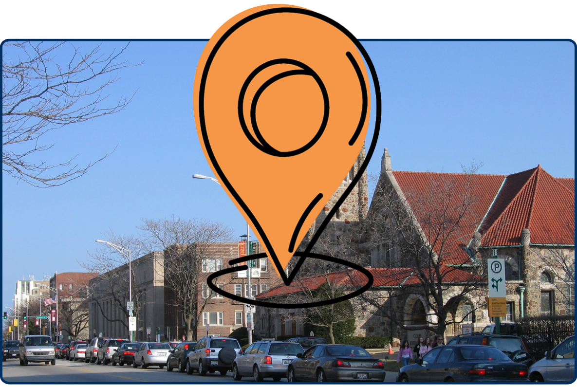 Oak Park Lake Street Chicago suburban street view with historic church building cars parked along road and residential neighborhood Illinois USA