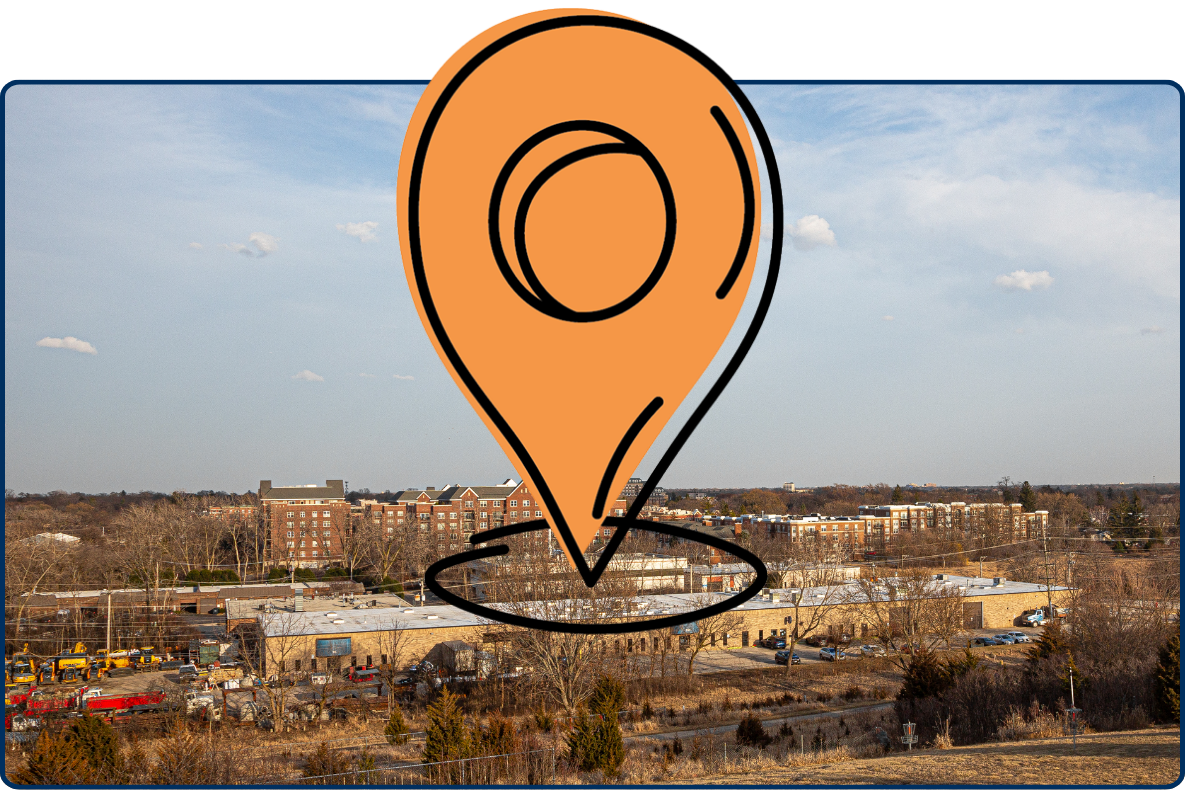 Palatine Illinois suburban cityscape with residential buildings open fields dry grass landscape blue sky panoramic town view USA