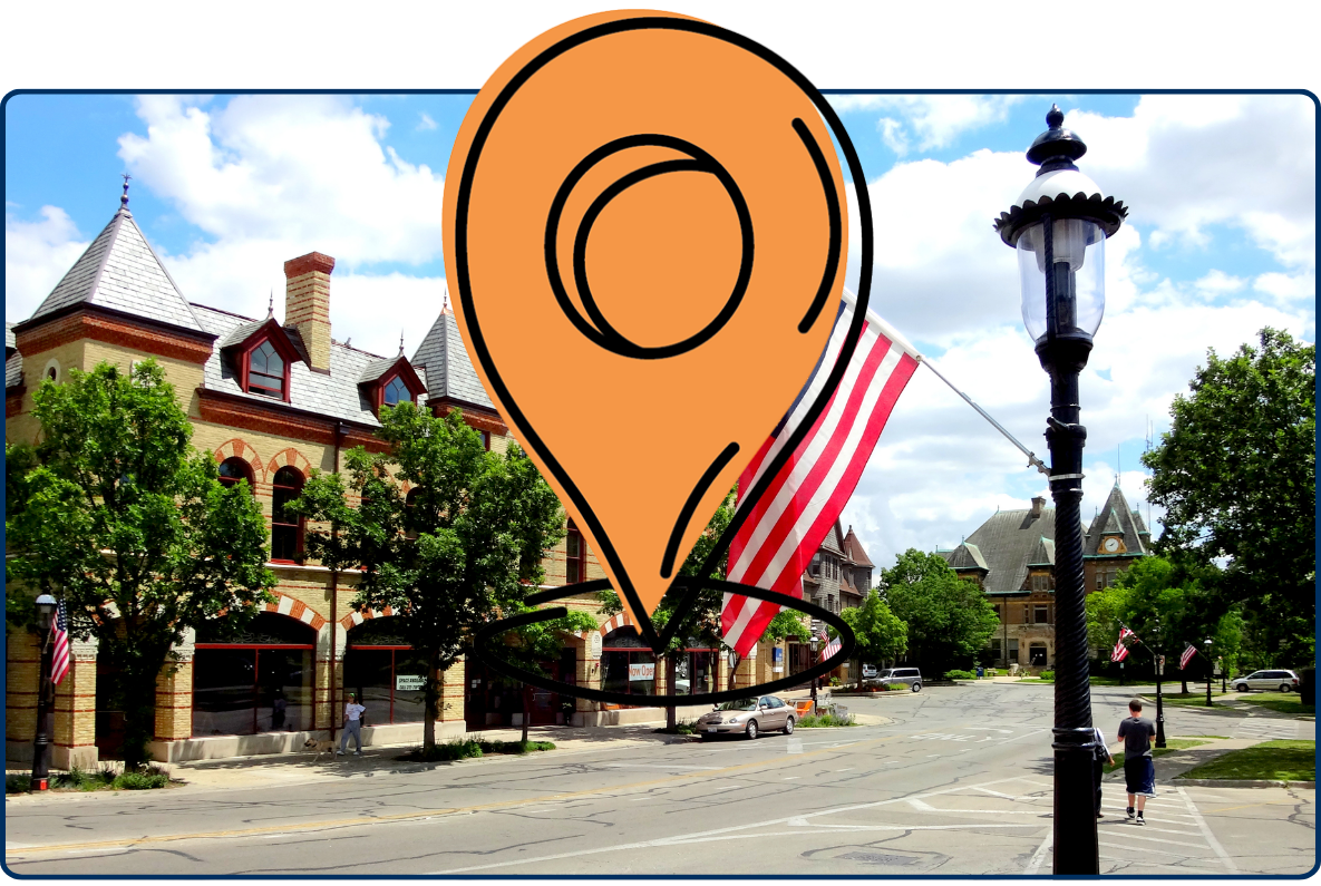 Historic downtown Riverside Illinois street with American flag classic architecture buildings and sunny day view