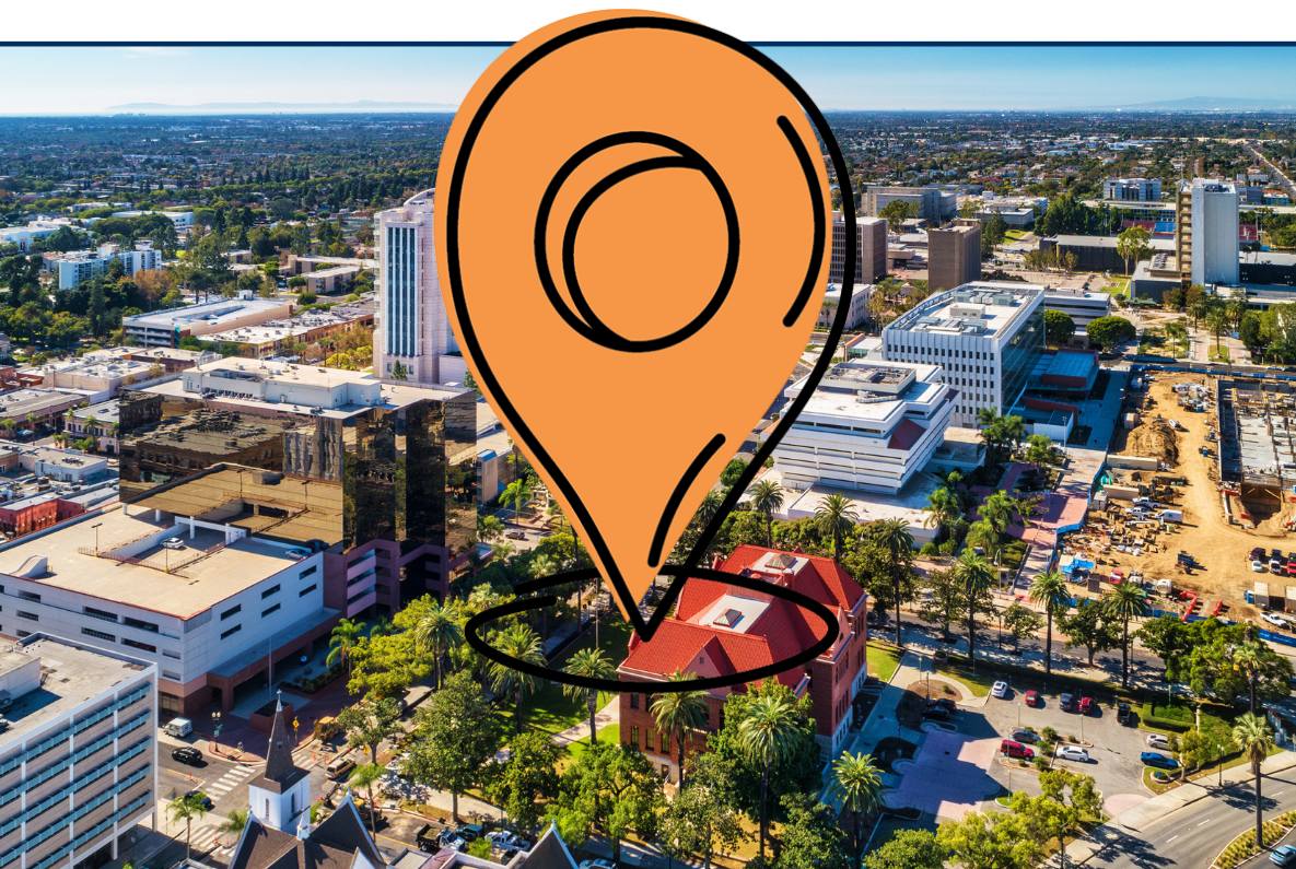 Aerial view of Downtown Santa Ana with the historic Old Orange County Courthouse