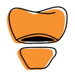 Abstract orange shapes with bold black outlines, two rounded forms stacked vertically.