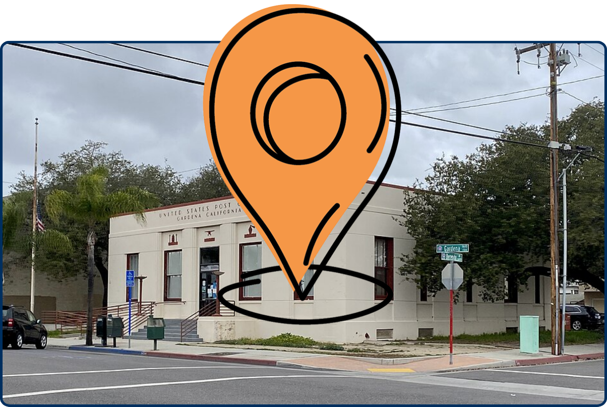 Historic United States Post Office building in Gardena, California, featuring simple Art Deco architecture on a street corner under cloudy skies.