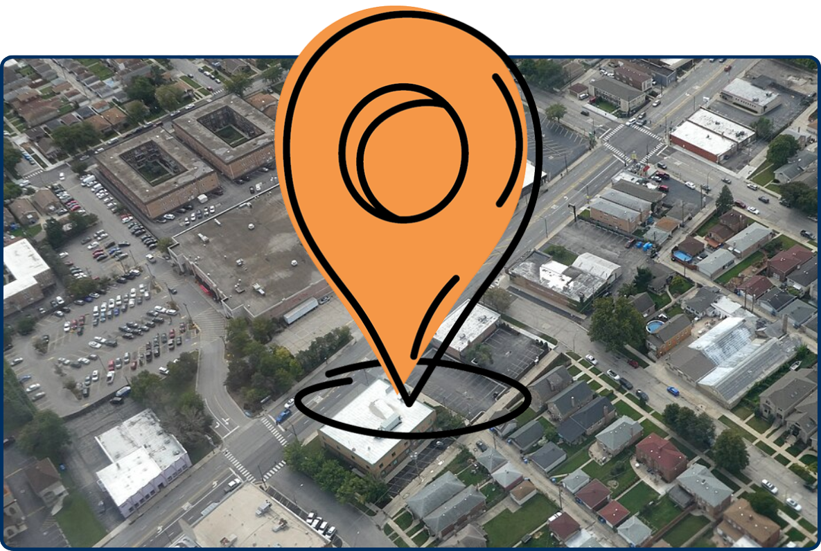 Aerial view of Archer Avenue in Chicago’s Garfield Ridge neighborhood, showing residential blocks, commercial buildings, parking lots, and intersecting city streets.