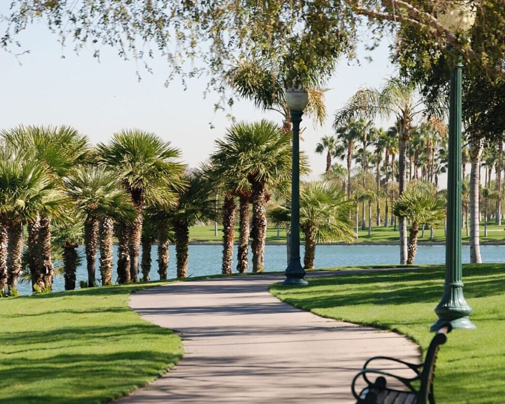 Curved walking path through a landscaped park in Goodyear, Arizona, lined with palm trees, green lawns, benches, and decorative lamp posts beside a small lake.