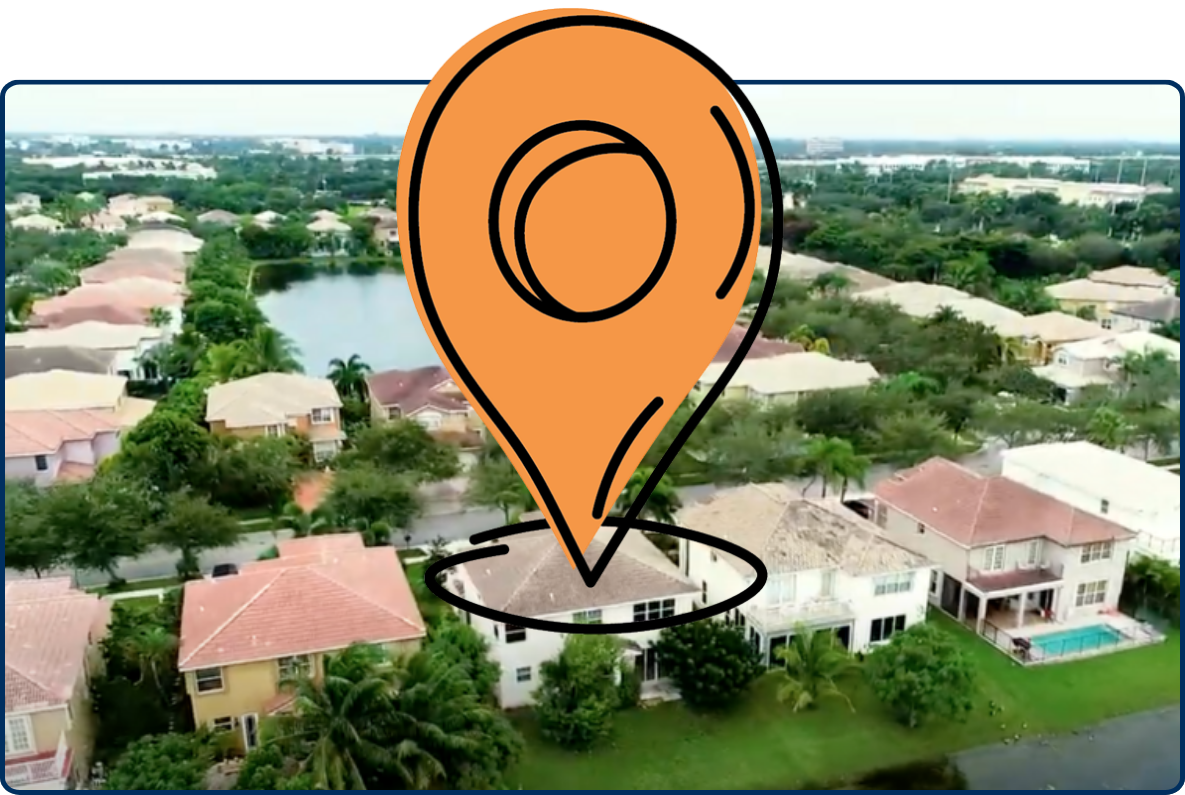 Aerial view of Miramar, Florida neighborhood with rows of houses, palm trees, and a central lake.