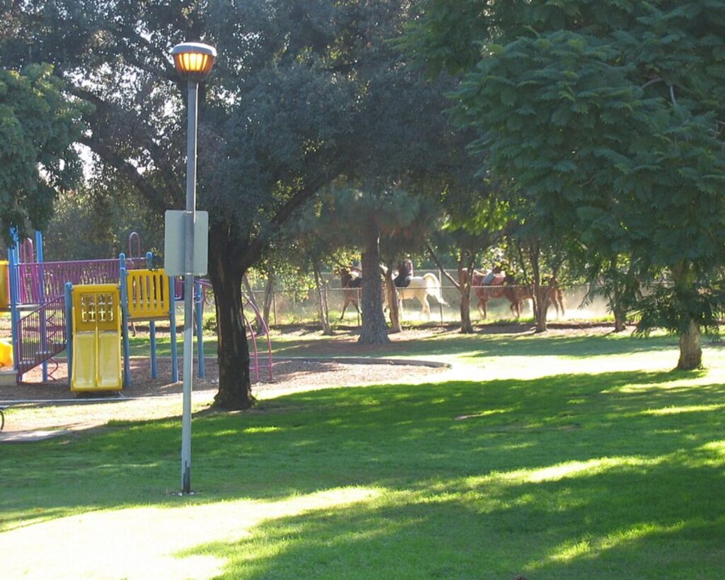 Colorful playground equipment at left with a yellow slide; in the background, people on horses ride along a tree-lined path in a park.