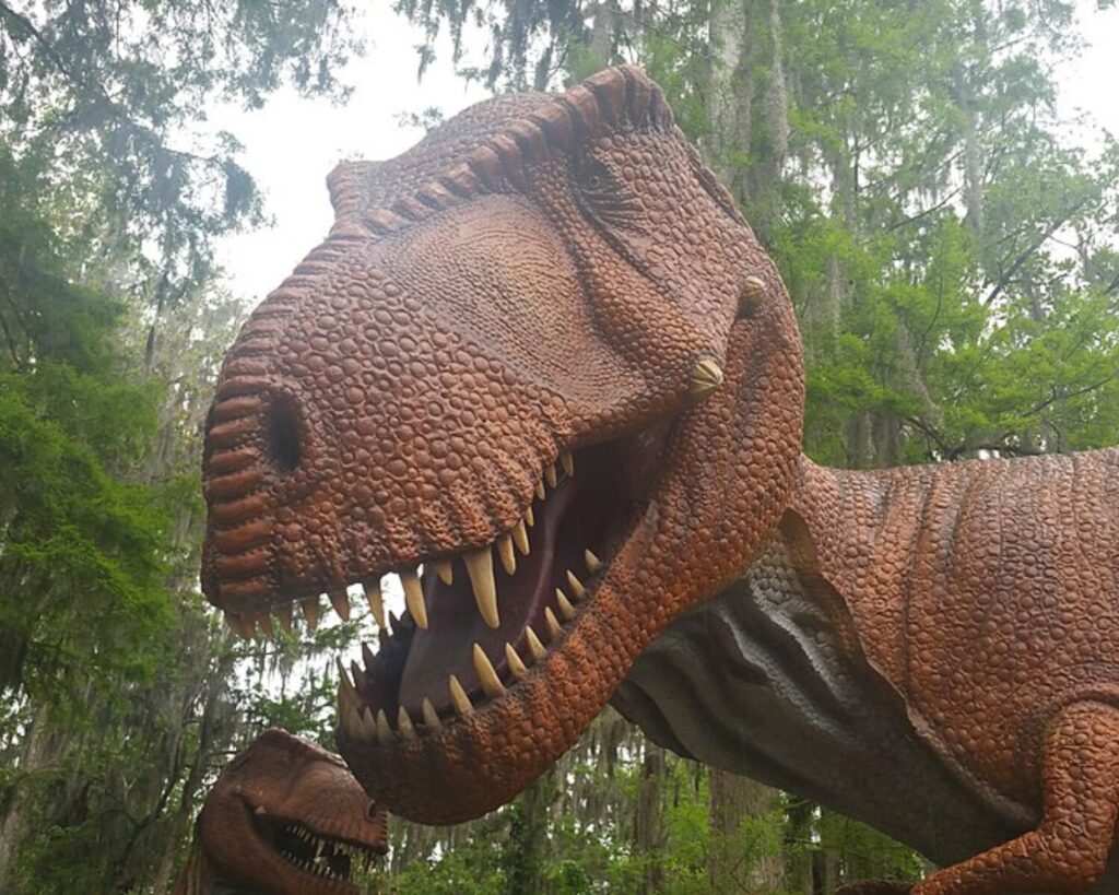 Large Tyrannosaurus rex dinosaur statue with open jaws and sharp teeth displayed among trees at Dinosaur World in Plant City, Florida.