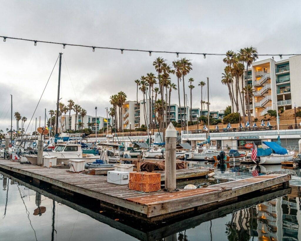 Marina with docked boats, palm trees, and waterfront buildings reflected in calm water under a cloudy sky.