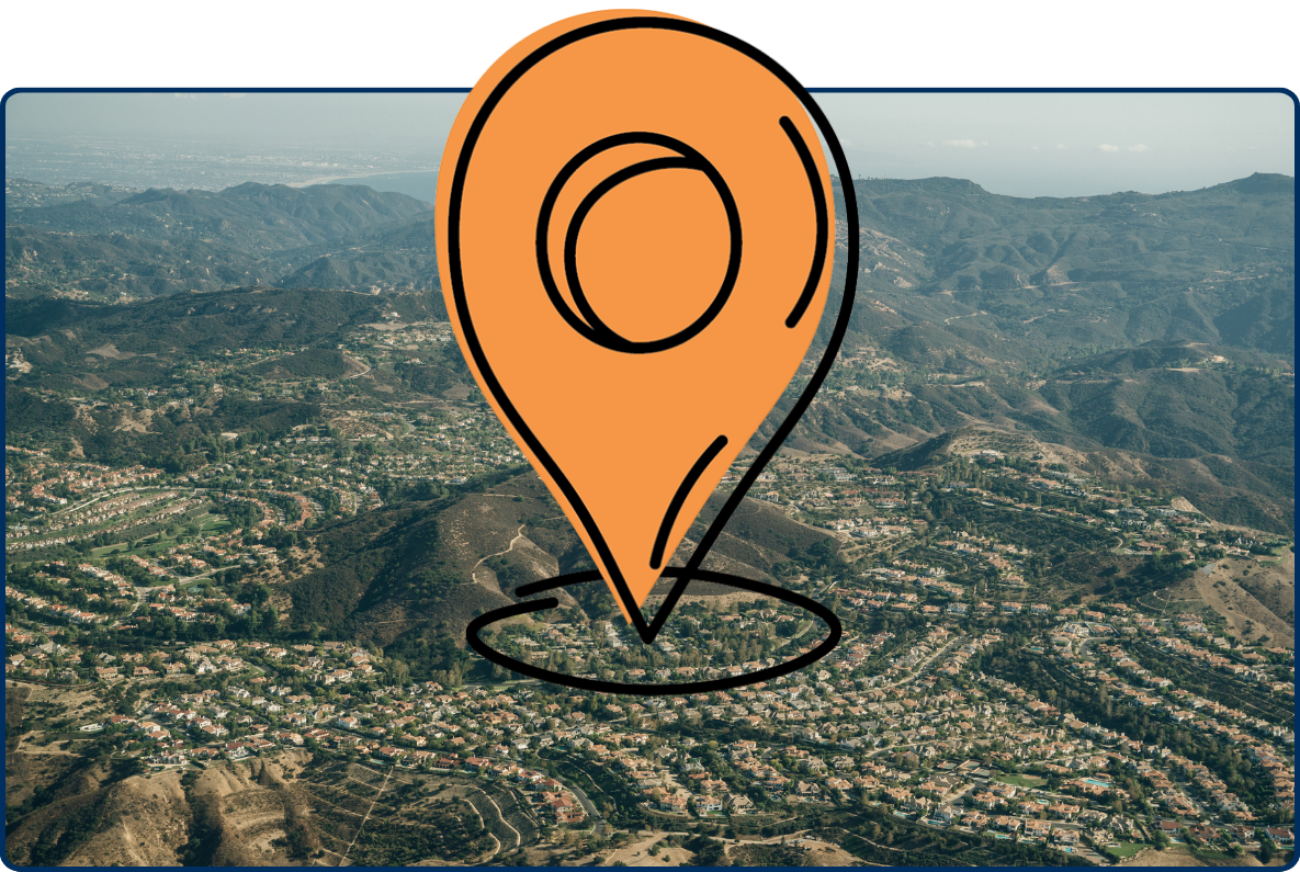 Aerial view of suburban cul-de-sacs and rolling hills in Los Angeles County, California.