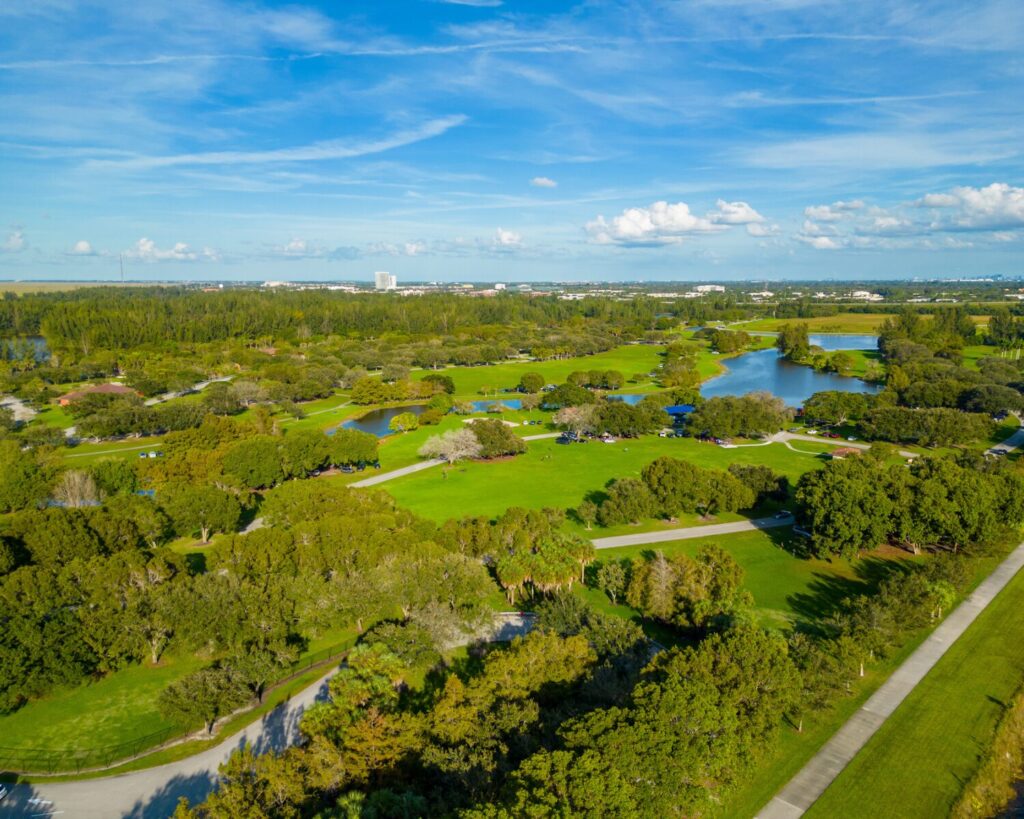 Aerial view of an expansive park with ponds, green fields, and trees, with a distant city skyline on the horizon under a blue sky.