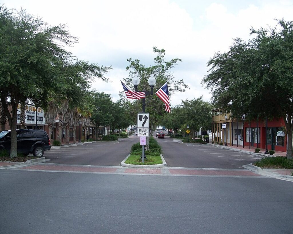 Street scene in a small town with a tree-lined avenue, a central median with greenery, and two American flags on a lamp-posts above the median signs and shops on both sides.