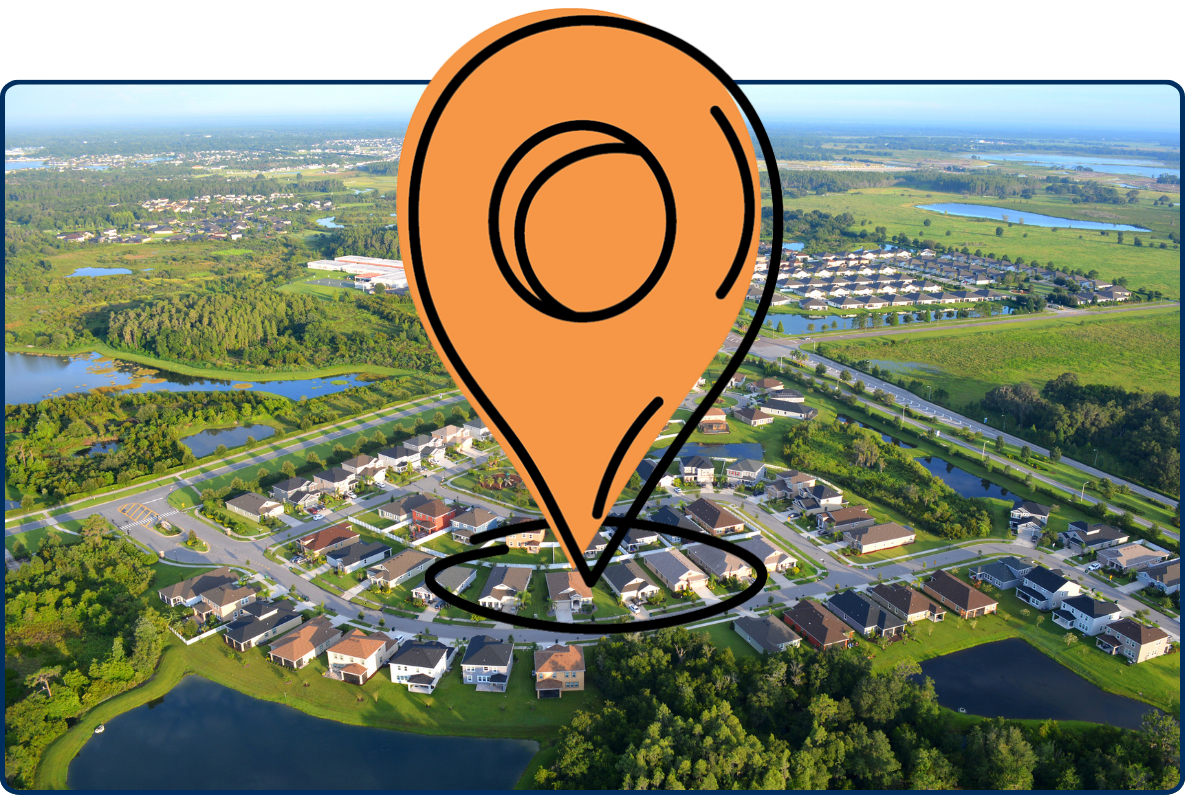 Aerial view of residential neighborhoods in Zephyrhills and Wesley Chapel, Florida, with houses, roads, ponds, and surrounding green landscape.