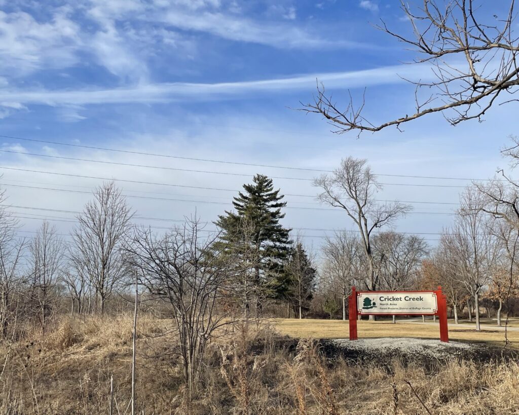 Cricket Creek Forest Preserve entrance sign in Addison, Illinois with dry grass, trees, and blue sky.